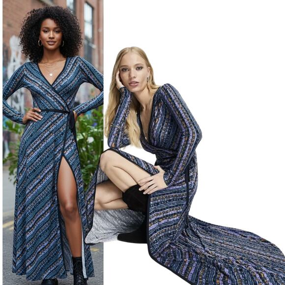 NEW Free People Phoebe Blue Combo Wrap Maxi Dress Small Luxe Statement Glam - Picture 1 of 12